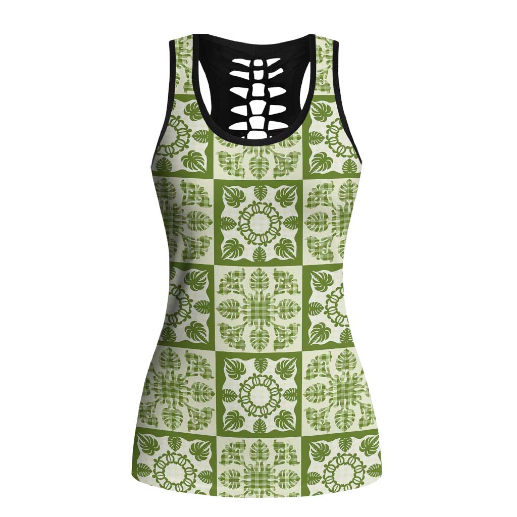 Omaomao Palaka Quilt Hawaii Hollow Tank Top Hawaiian Tropical Monstera Sea Turtle