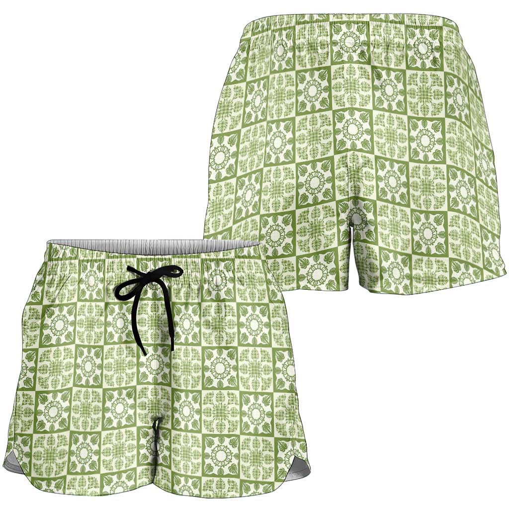 Omaomao Palaka Quilt Hawaii Shorts for Women Hawaiian Tropical Monstera Sea Turtle LT14 - Polynesian Pride
