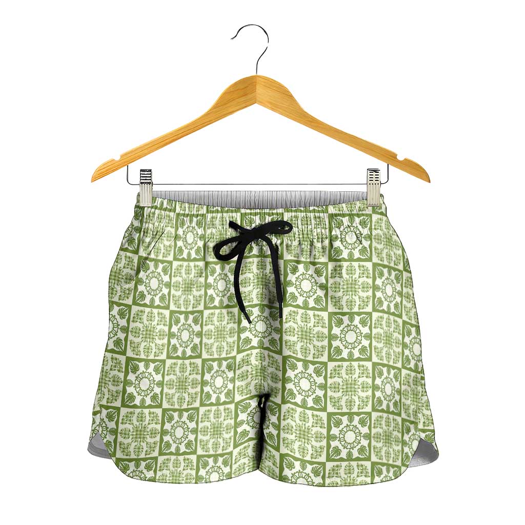 Omaomao Palaka Quilt Hawaii Shorts for Women Hawaiian Tropical Monstera Sea Turtle LT14 - Polynesian Pride