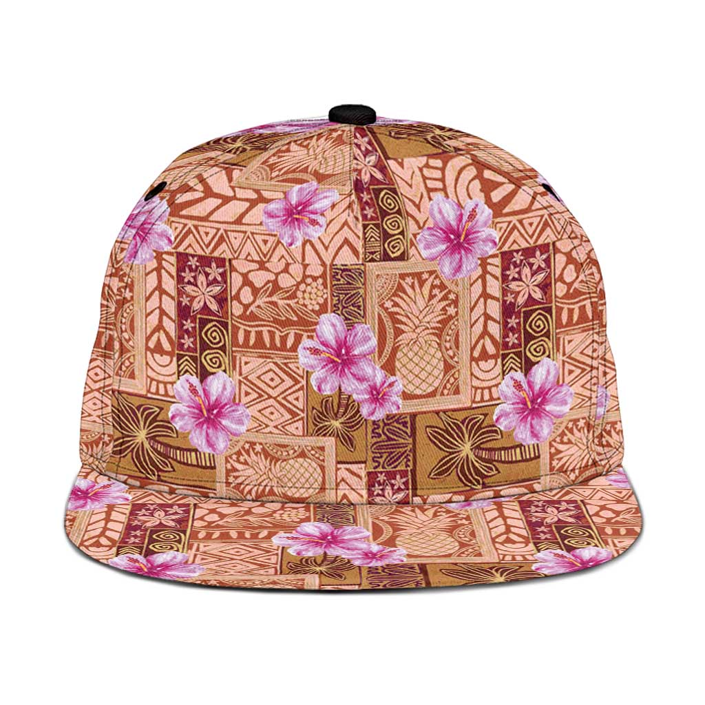 Orange Hawaii Hibiscus With Tropical Flowers Motifs Snapback Cap LT14 One Size Orange - Polynesian Pride