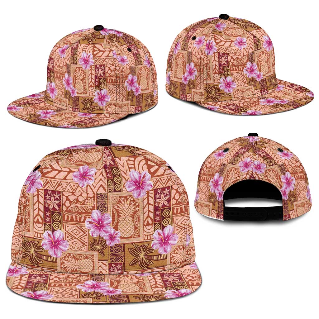 Orange Hawaii Hibiscus With Tropical Flowers Motifs Snapback Cap LT14 - Polynesian Pride