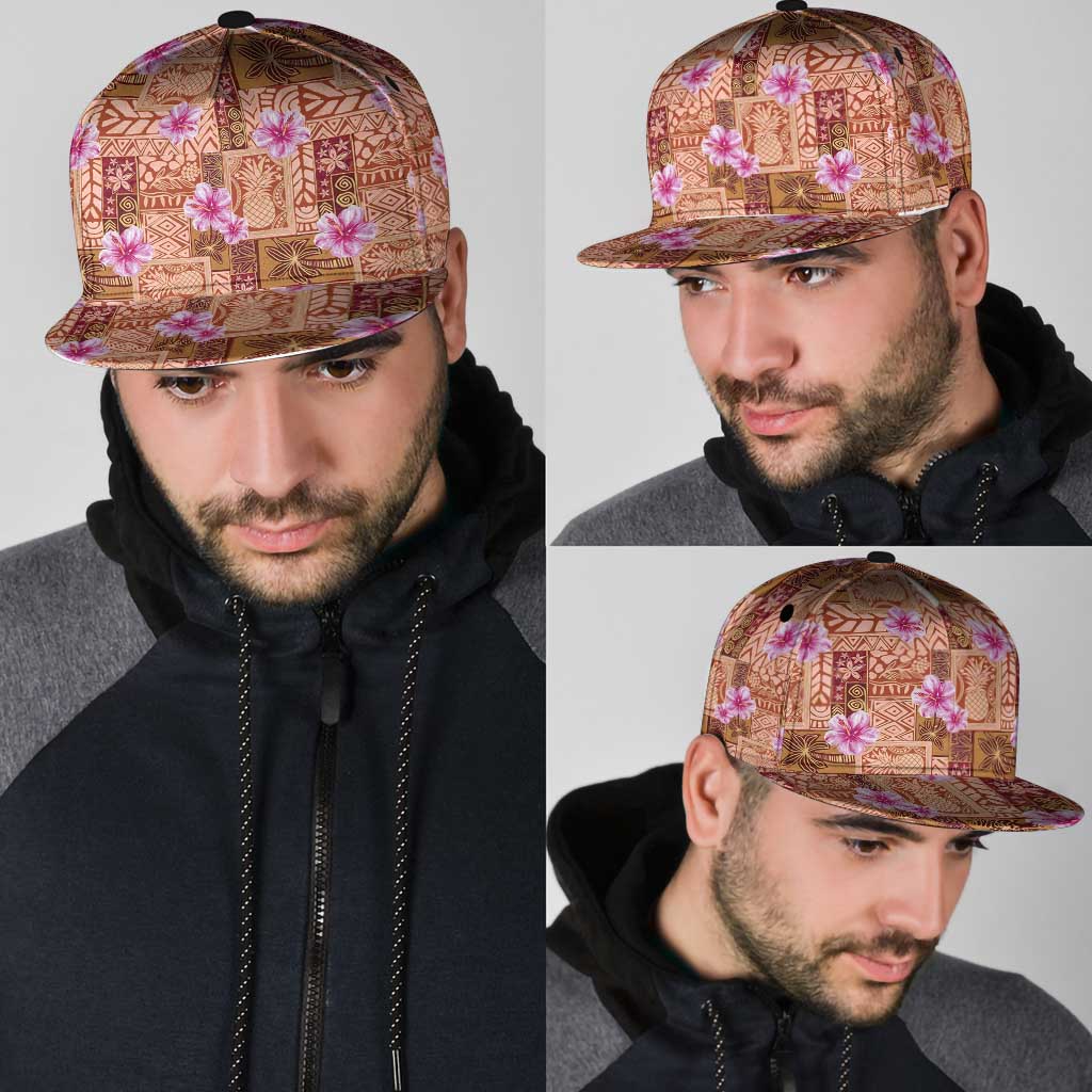 Orange Hawaii Hibiscus With Tropical Flowers Motifs Snapback Cap LT14 - Polynesian Pride