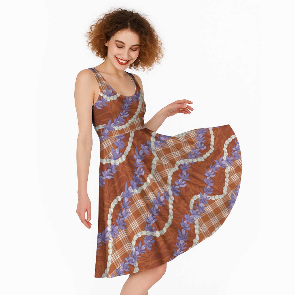 Orange Hawaii Palaka Honohono Pikake Midi Dress Hawaiian Orchid Lei Polynesian Pattern - Polynesian Pride