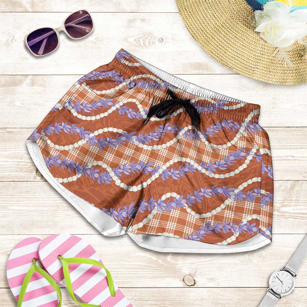 Orange Hawaii Palaka Honohono Pikake Shorts for Women Hawaiian Orchid Lei Polynesian Pattern - Polynesian Pride