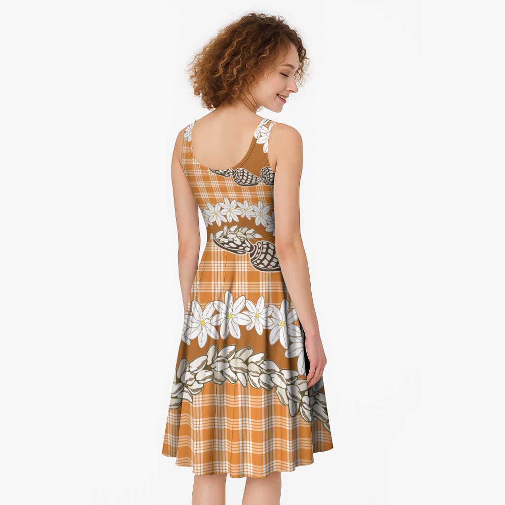 Orange Hawaii Tiare and Shell Lei Midi Dress Hawaiian Palaka Luxury Vibes - Polynesian Pride