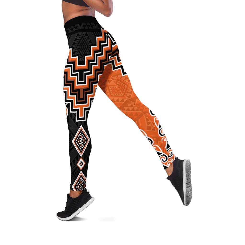 Orange Niho Taniwha Mix Poutama Leggings Unique Taniko Aotearoa LT01 Orange - Polynesian Pride