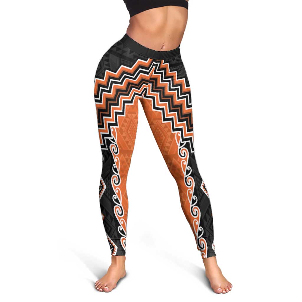 Orange Niho Taniwha Mix Poutama Leggings Unique Taniko Aotearoa LT01 - Polynesian Pride