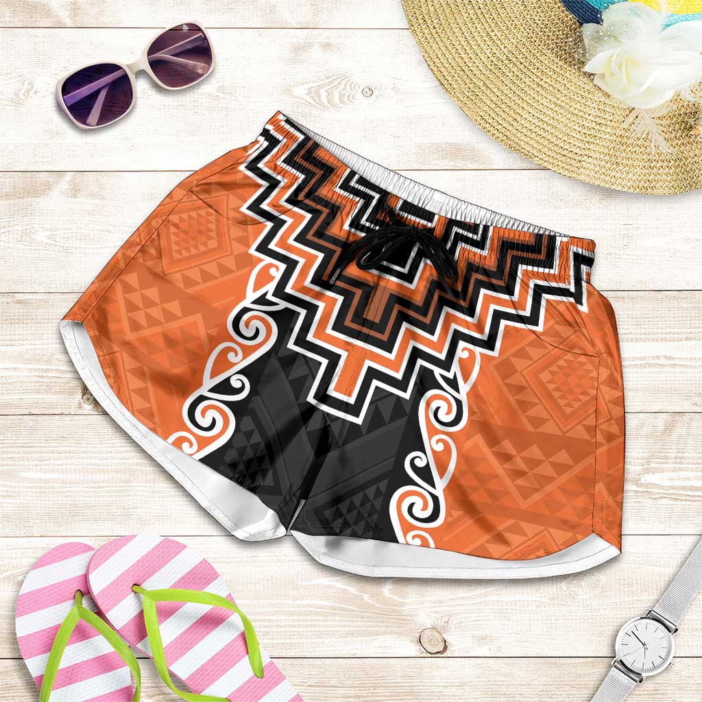 Orange Niho Taniwha Mix Poutama Shorts for Women Unique Taniko Aotearoa - Polynesian Pride