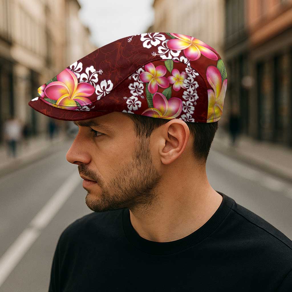 Oxblood Polynesia Jeff Hat Plumeria With Hibiscus Pattern Tropical Vibes - Polynesian Pride