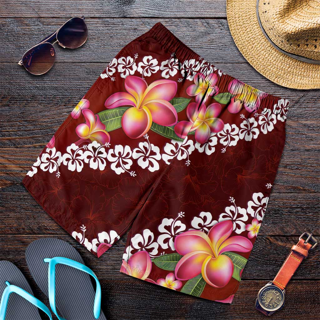 Oxblood Polynesia Shorts for Men Plumeria With Hibiscus Pattern Tropical Vibes LT14 Oxblood - Polynesian Pride