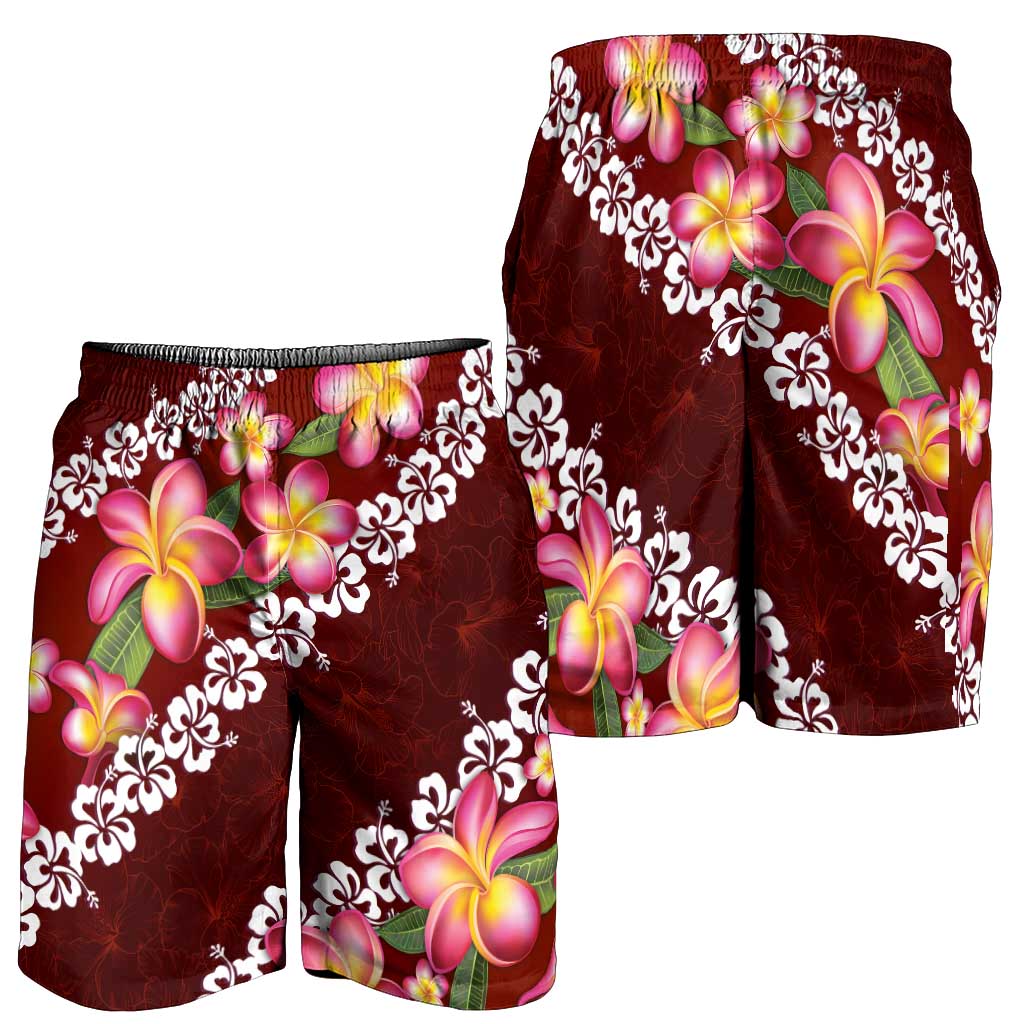Oxblood Polynesia Shorts for Men Plumeria With Hibiscus Pattern Tropical Vibes LT14 - Polynesian Pride