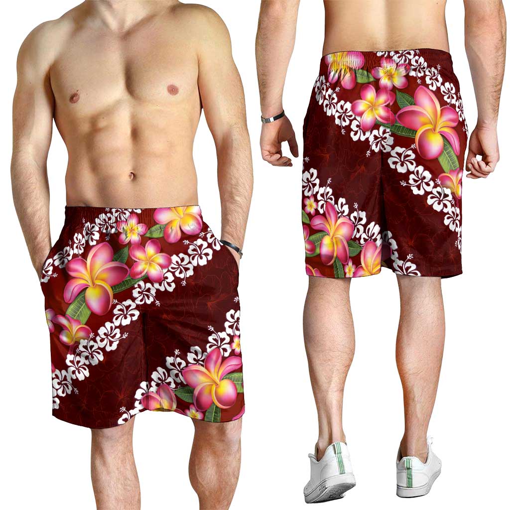 Oxblood Polynesia Shorts for Men Plumeria With Hibiscus Pattern Tropical Vibes LT14 - Polynesian Pride