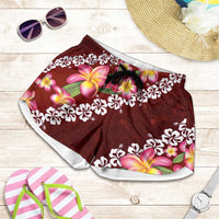 Oxblood Polynesia Shorts for Women Plumeria With Hibiscus Pattern Tropical Vibes - Polynesian Pride
