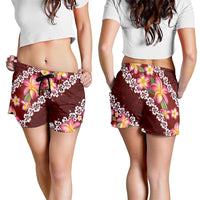 Oxblood Polynesia Shorts for Women Plumeria With Hibiscus Pattern Tropical Vibes - Polynesian Pride