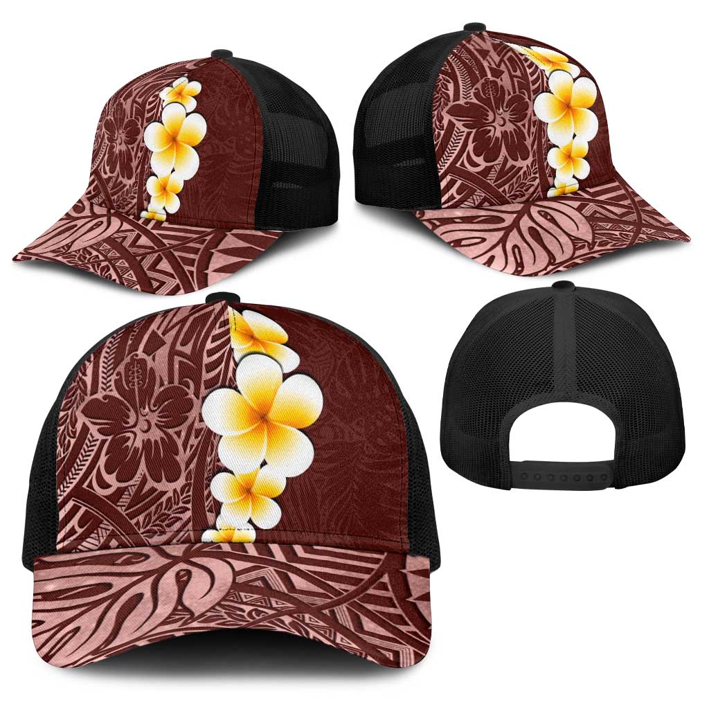 Oxblood Tropical Plumeria With Galaxy Polynesian Art Baseball Net Cap - Polynesian Pride