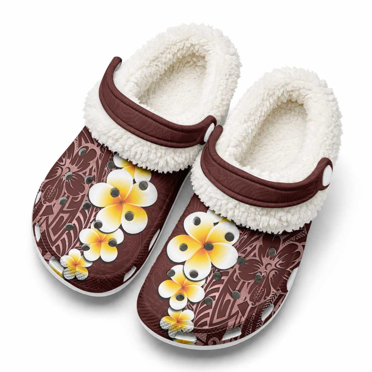 Oxblood Tropical Plumeria With Galaxy Polynesian Art Fleece Clogs