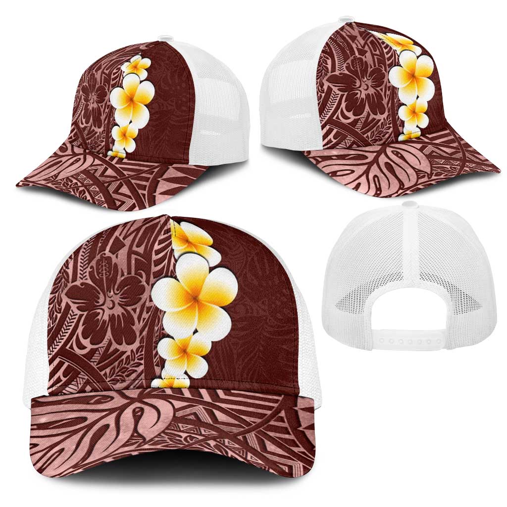 Oxblood Tropical Plumeria With Galaxy Polynesian Art Mesh Trucker Cap - Polynesian Pride
