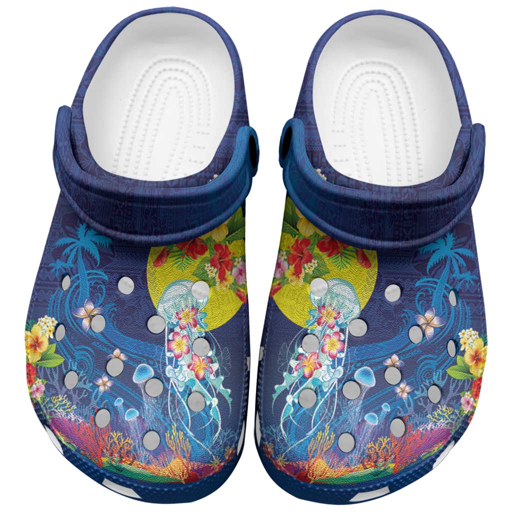 Palau Clogs Shoes Jellyfish with Coral Reefs Ocean Vibe and Tapa Pattern LT03 Blue - Polynesian Pride