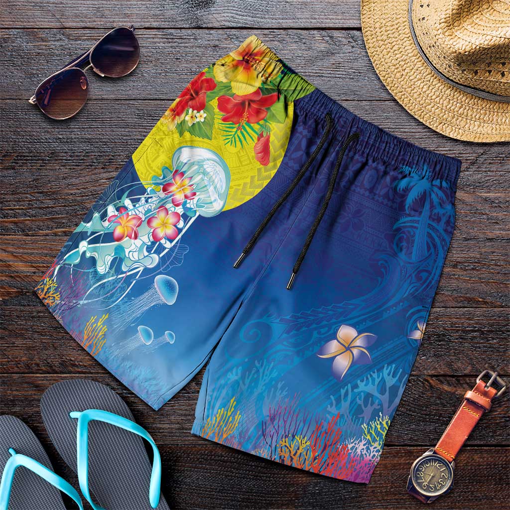 Palau Shorts for Men Jellyfish with Coral Reefs Ocean Vibe and Tapa Pattern LT03 Blue - Polynesian Pride
