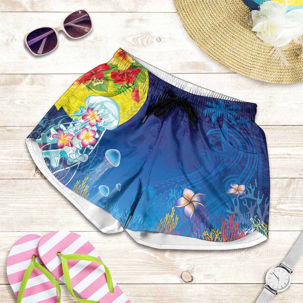 Palau Shorts for Women Jellyfish with Coral Reefs Ocean Vibe and Tapa Pattern LT03 Blue - Polynesian Pride