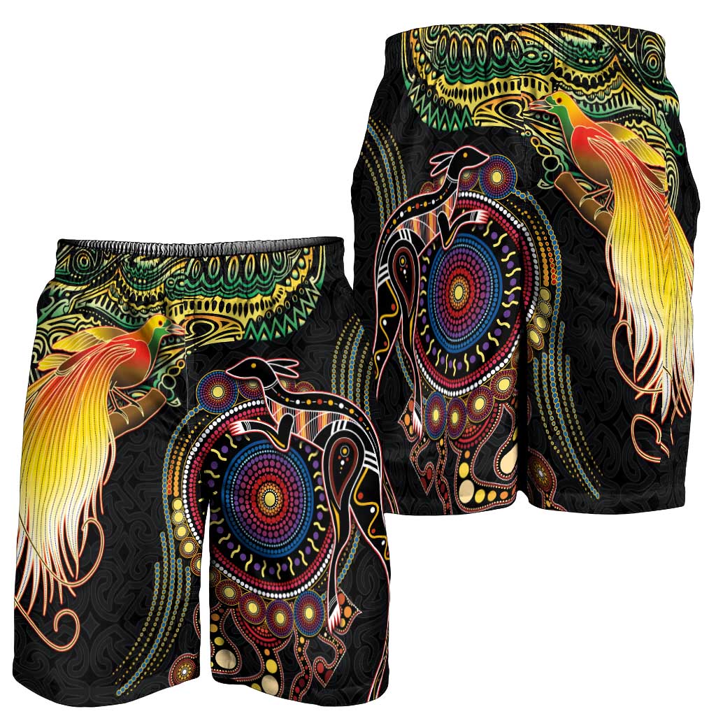 Papua New Guinea and Australia Together Shorts for Men Bird of Paradise and Kangaroo Melanesian Aboriginal Motifs LT03 - Polynesian Pride