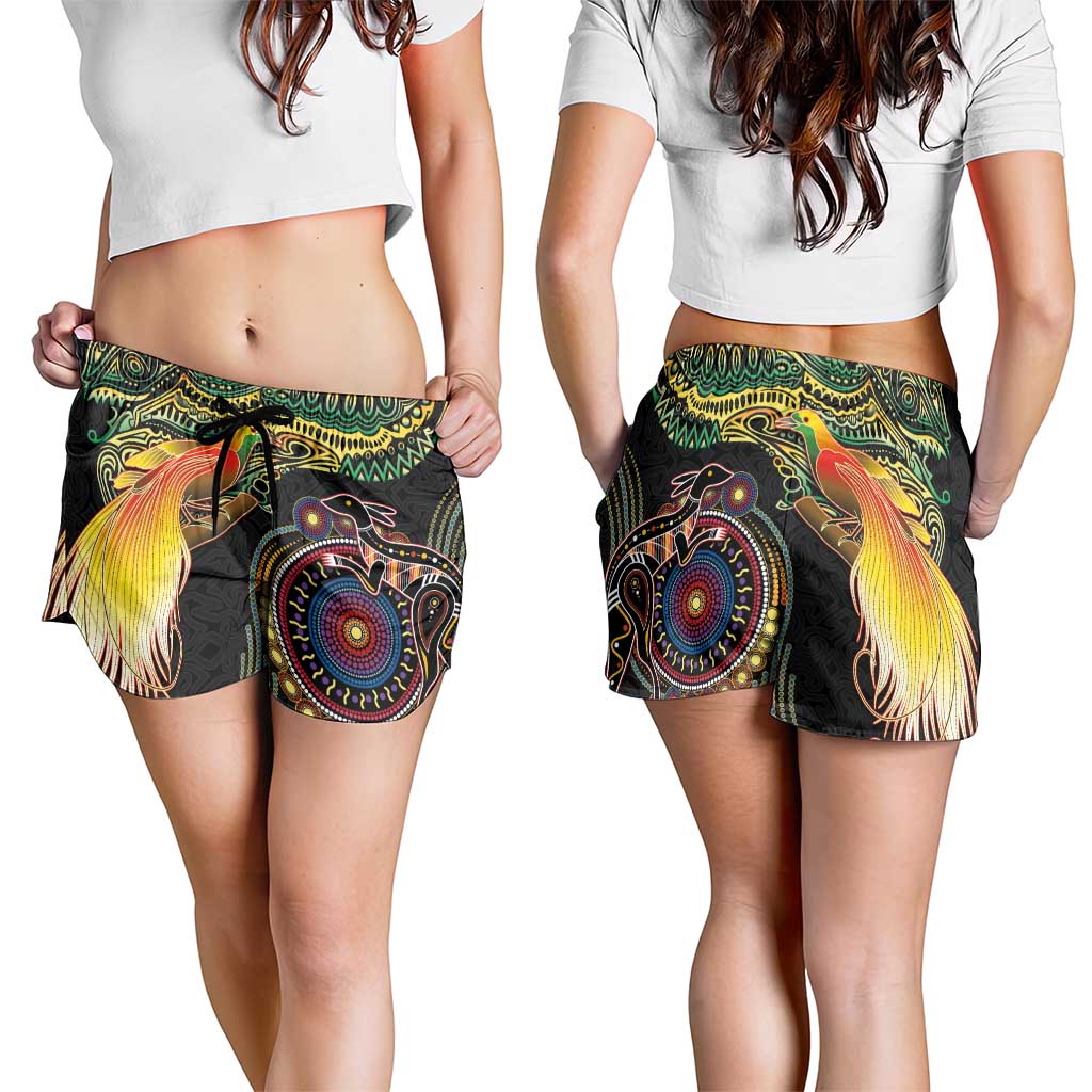 Papua New Guinea and Australia Together Shorts for Women Bird of Paradise and Kangaroo Melanesian Aboriginal Motifs LT03 - Polynesian Pride
