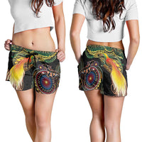 Papua New Guinea and Australia Together Shorts for Women Bird of Paradise and Kangaroo Melanesian Aboriginal Motifs LT03 - Polynesian Pride