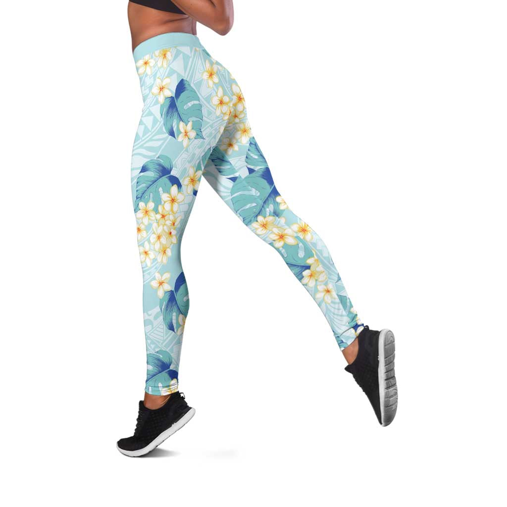 Pastel Cyan Tropical Hawaii Leggings Seamless Monstera Plumeria Hawaiian Pattern - Polynesian Pride