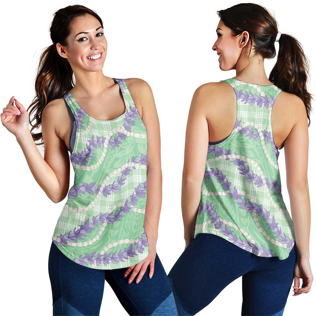 Pastel Green Hawaii Palaka Honohono Pikake Women Racerback Tank Hawaiian Orchid Lei Polynesian Pattern LT14 - Polynesian Pride