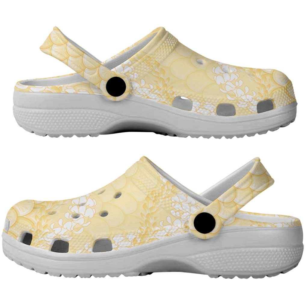 Pastel Yellow Mermaid Puakenikeni Maile Lei Clogs Shoes