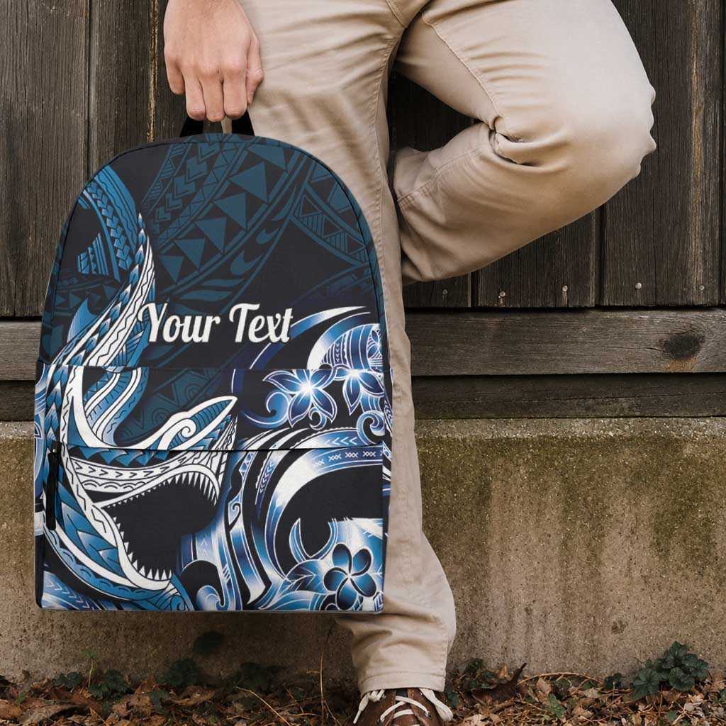 Personalized Hawaii Shark Tattoo Backpack Hawaiian Pattern Plumeria Blue LT14 - Polynesian Pride