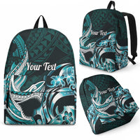 Personalized Hawaii Shark Tattoo Backpack Hawaiian Pattern Plumeria Cyan LT14 - Polynesian Pride