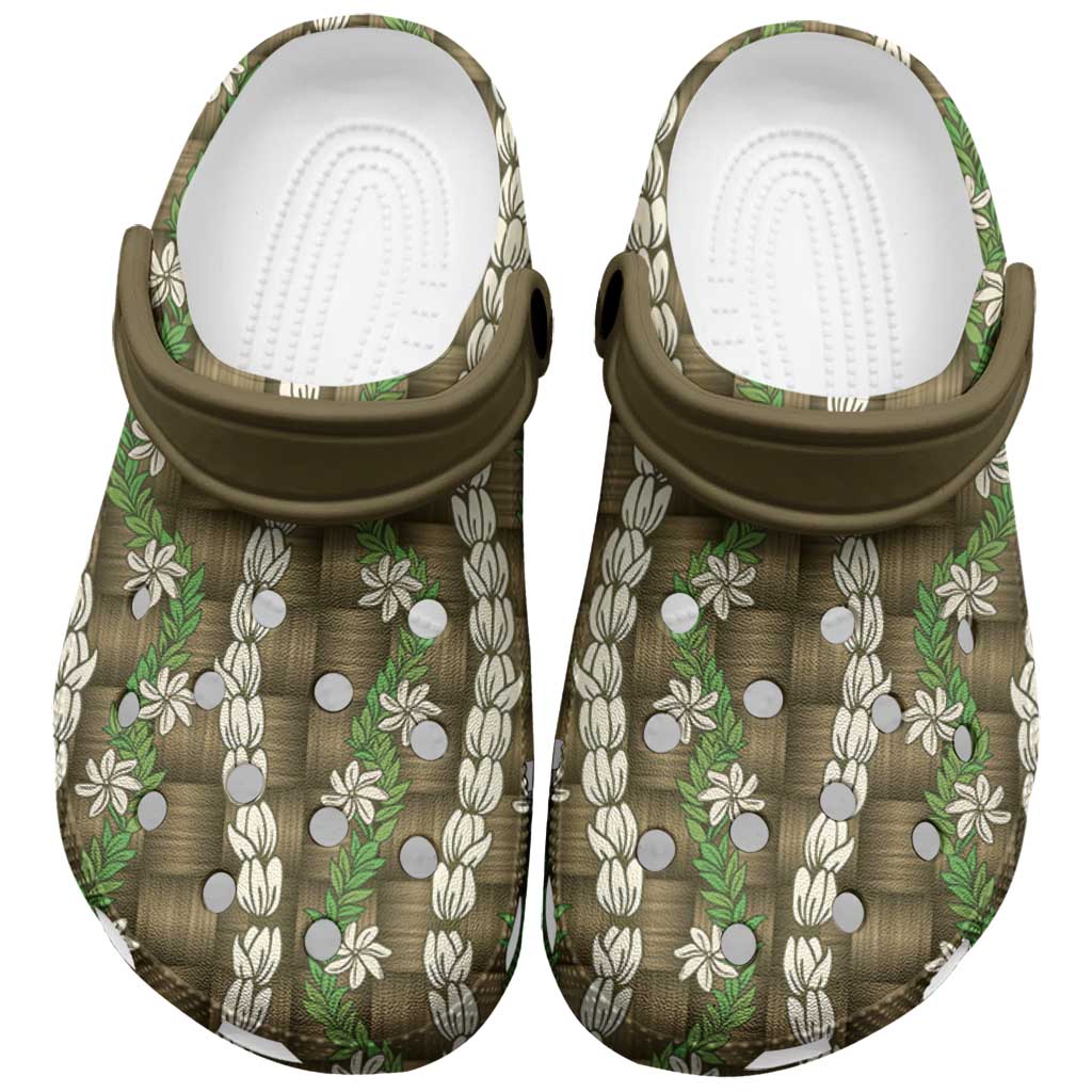 Pikake Maile Tiare Lei Clogs Shoes Natural Lauhala Pattern LT01 Brown - Polynesian Pride