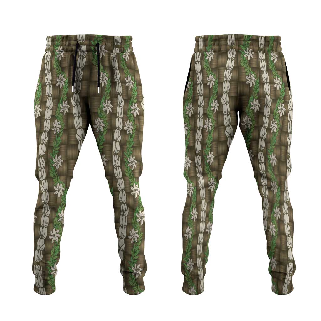 Pikake Maile Tiare Lei Jogger Pants Natural Lauhala Pattern LT01 Brown - Polynesian Pride