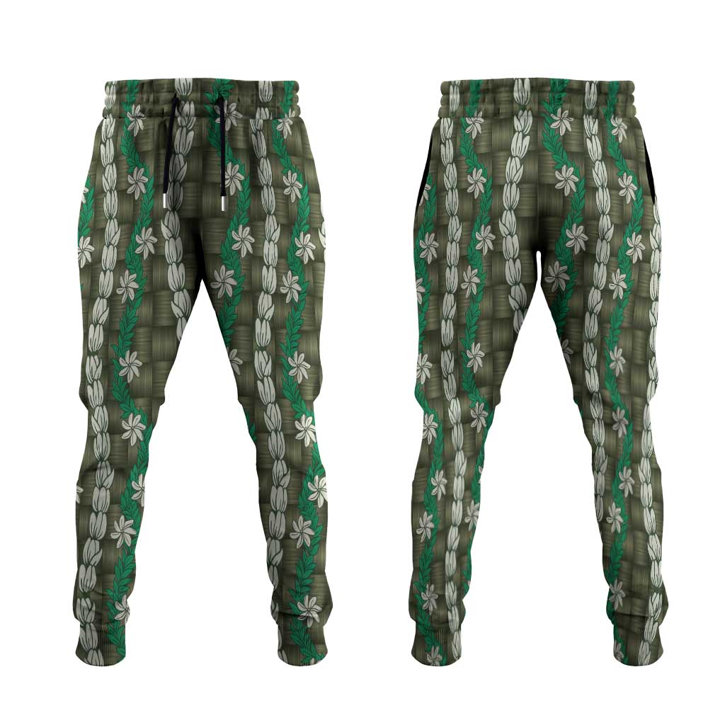 Pikake Maile Tiare Lei Jogger Pants Omaomao Lauhala Pattern LT01 Green - Polynesian Pride