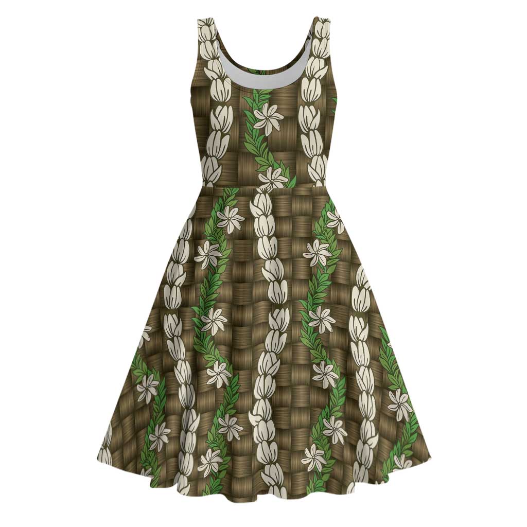 Pikake Maile Tiare Lei Midi Dress Natural Lauhala Pattern LT01 Brown - Polynesian Pride