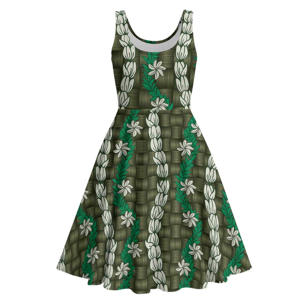 Pikake Maile Tiare Lei Midi Dress Omaomao Lauhala Pattern LT01 Green - Polynesian Pride