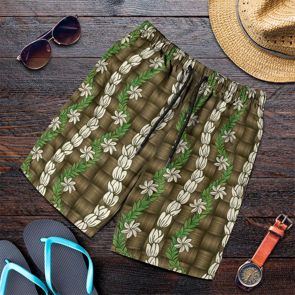 Pikake Maile Tiare Lei Shorts for Men Natural Lauhala Pattern LT01 Brown - Polynesian Pride