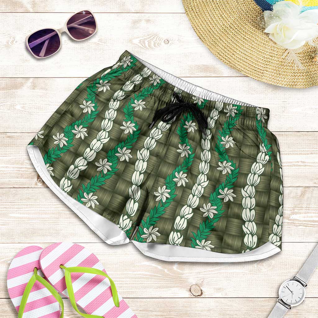 Pikake Maile Tiare Lei Shorts for Women Omaomao Lauhala Pattern LT01 Green - Polynesian Pride
