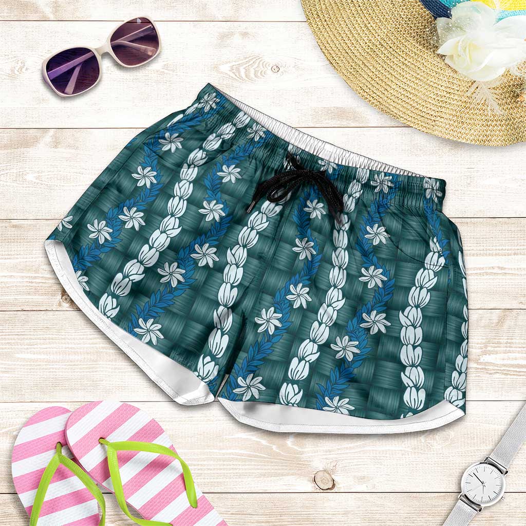 Pikake Maile Tiare Lei Shorts for Women Polu Lauhala Pattern LT01 Blue - Polynesian Pride