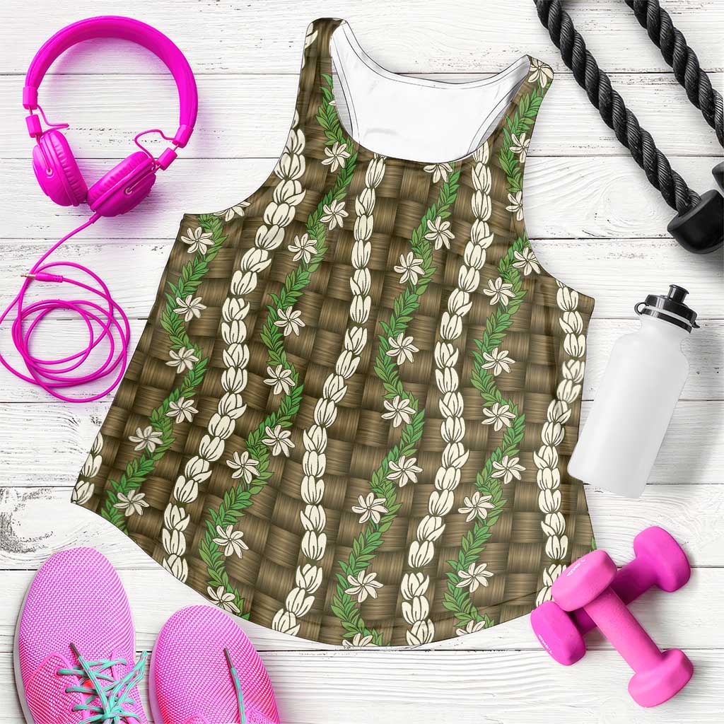 Pikake Maile Tiare Lei Women Racerback Tank Natural Lauhala Pattern LT01 Brown - Polynesian Pride