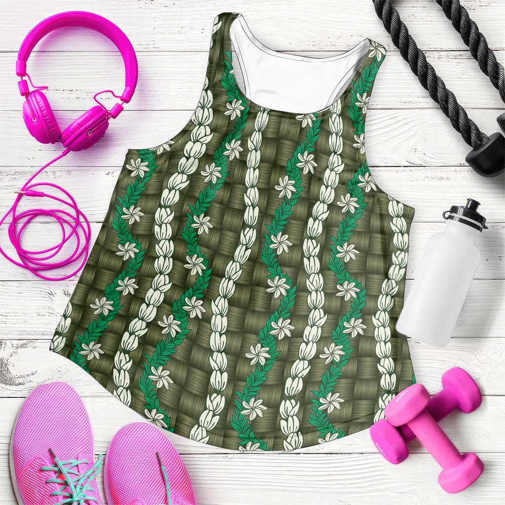 Pikake Maile Tiare Lei Women Racerback Tank Omaomao Lauhala Pattern LT01 Green - Polynesian Pride