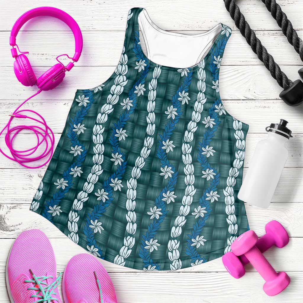 Pikake Maile Tiare Lei Women Racerback Tank Polu Lauhala Pattern LT01 Blue - Polynesian Pride