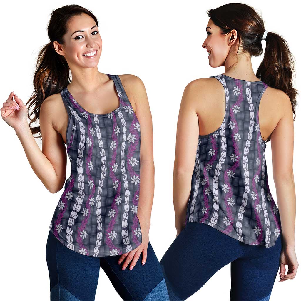 Pikake Maile Tiare Lei Women Racerback Tank Poni Lauhala Pattern