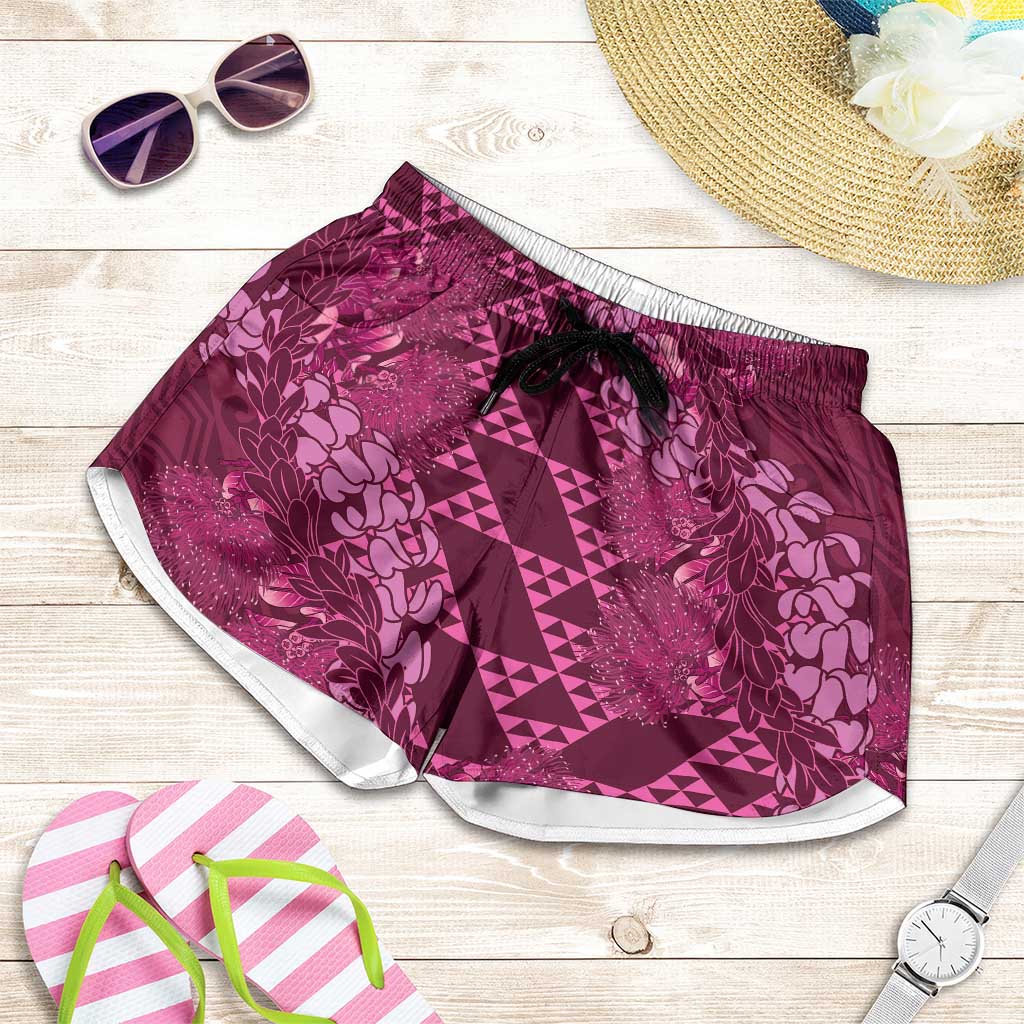 Pink Aloha Hawaii Shorts for Women Hawaiian Kakau Ohia Lehua Lei LT14 Pink - Polynesian Pride