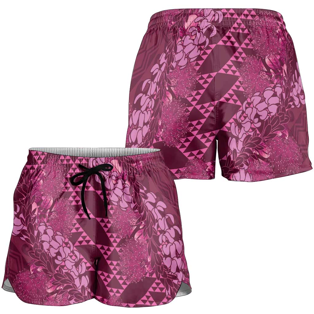 Pink Aloha Hawaii Shorts for Women Hawaiian Kakau Ohia Lehua Lei LT14 - Polynesian Pride