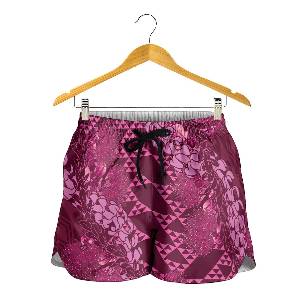 Pink Aloha Hawaii Shorts for Women Hawaiian Kakau Ohia Lehua Lei LT14 - Polynesian Pride
