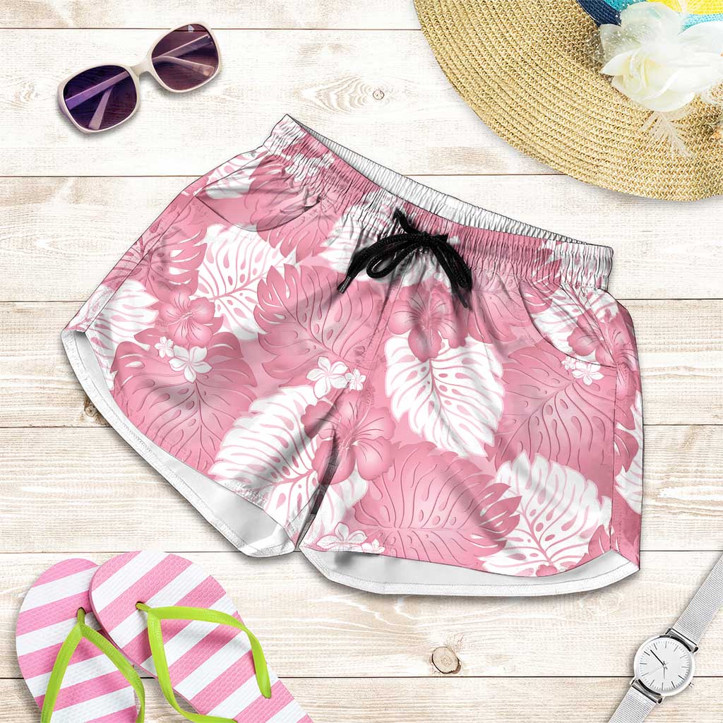 Pink Aloha Hawaii Shorts for Women Monstera Hibiscus Plumeria Seamless Vibes LT14 Pink - Polynesian Pride