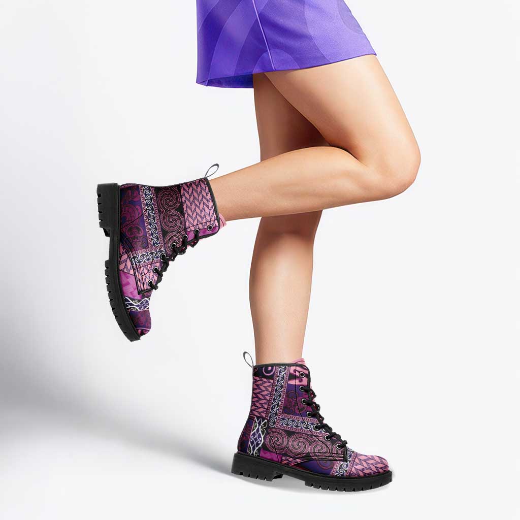 Pink Aotearoa Kowhaiwhai Pattern Leather Boots NZ Maori Quilt Style - Polynesian Pride