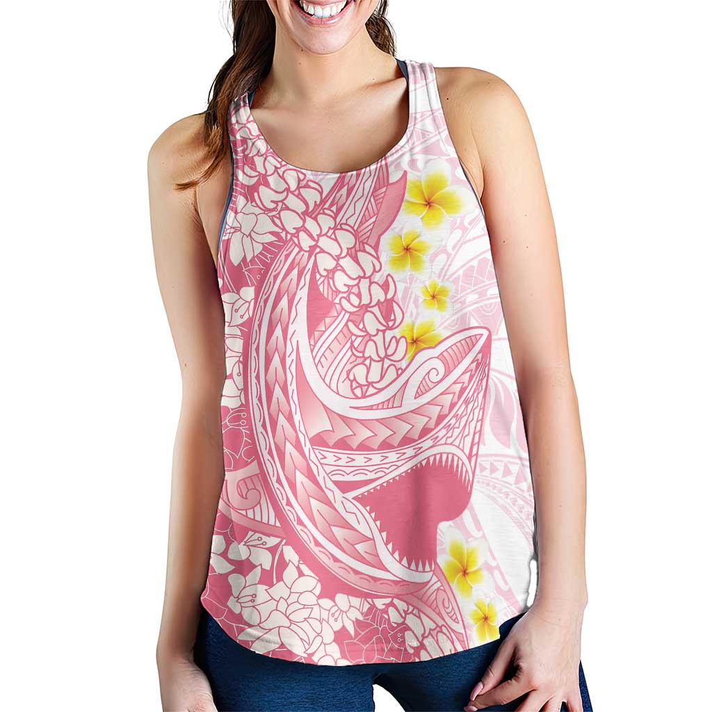 Pink Hawaii Shark Tattoo Women Racerback Tank Puakenikeni Lei Plumeria Polynesian Pattern